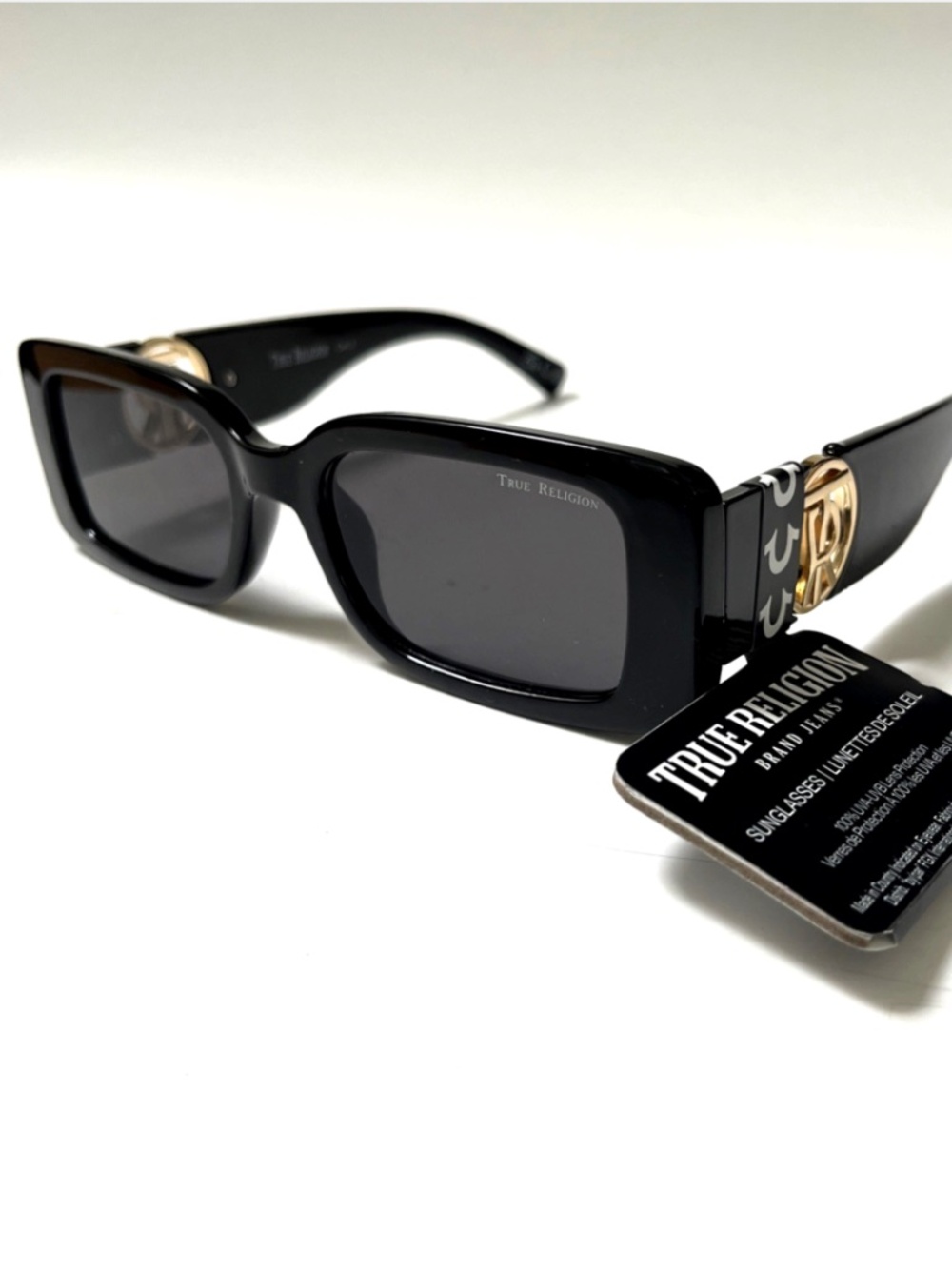 New TRUE RELIGION Slim Black Sunglasses Rectangle Gold Logo Acetate XX